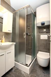 a bathroom with a shower and a toilet and a sink at Villa Pablo City Studios Koper in Koper