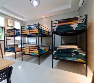 a room with three bunk beds with colorful blankets at SaBi Guest House - Strategic Family -married couples only- Hostel in Prawirotaman in Yogyakarta