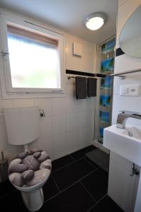 a bathroom with a toilet and a window and a sink at Lake View Chalet in Bönigen