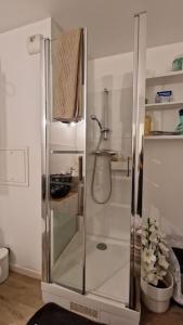 una doccia con porta in vetro in bagno di Studio jardin et terrasse a Corbeil-Essonnes