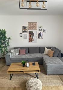 uma sala de estar com um sofá e uma mesa de centro em Apartman Iva Borovi em Divčibare