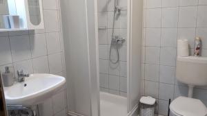 a bathroom with a shower and a toilet and a sink at Főnix Apartmanház in Vonyarcvashegy