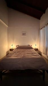a large bed in a bedroom with two lamps at Travels in Las Flores