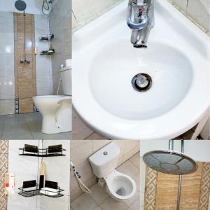 een collage van vier foto's van een badkamer met wastafel bij Cambric Luxe Studio Apartment in Kilifi