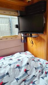 ein Bett mit einer Bettdecke mit Fisch drauf in der Unterkunft Camping-car vintage in Venette