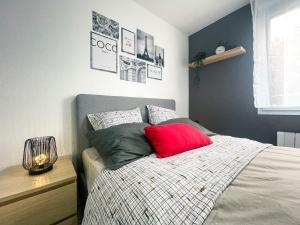 een slaapkamer met een bed met een rood kussen bij Red Lounge in Toulouse