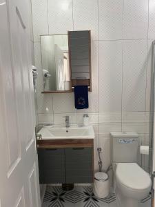 een badkamer met een wastafel, een toilet en een spiegel bij Foça- Phokai Living. in Foca