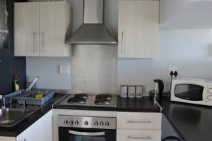 a kitchen with a stove top oven next to a microwave at Abigail's Studio Apartment @ Trift Tower in Windhoek
