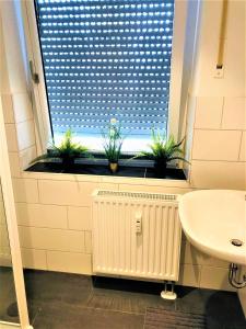 a bathroom with a sink and a window with potted plants at 4Rooms Central-Modern near MTU with Balcony, The Beach by Lakescape FeWos in Friedrichshafen