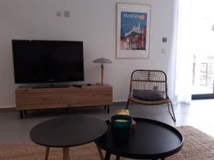 a living room with a flat screen tv and a coffee table at Grand studio avec patio in Marseille