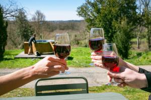 two people holding up glasses of red wine at La petite Maison du Bonheur & Jacuzzi in Croze