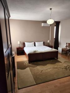 ein Schlafzimmer mit einem großen Bett und einem Teppich in der Unterkunft Guesthouse Bimbli in Pogradec