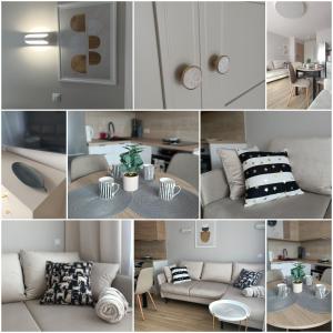 a collage of photos of a living room and kitchen at Apartament Emili VIPOO in Suwałki