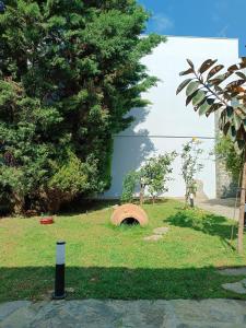 a park with a tree and a large building at Casa di Pietra in Neápolis