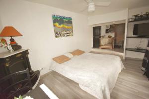 a bedroom with a white bed and a television at Studio climatisé et sa terrasse privée en villa in La Trinité
