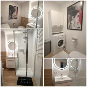 four pictures of a bathroom with a shower and a sink at Apartament Emili VIPOO in Suwałki