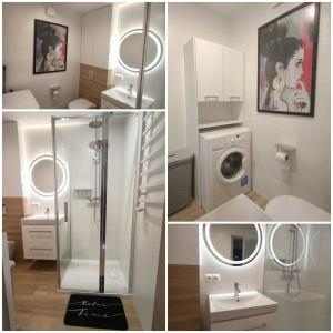 four pictures of a bathroom with a shower and a sink at Apartament Emili VIPOO in Suwałki +29 photos
