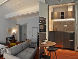a living room and a kitchen with a couch and a table at Suite Voltaire in Carcassonne