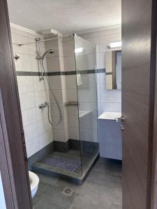 a bathroom with a shower with a toilet and a sink at Studio Sea View in Agia Pelagia