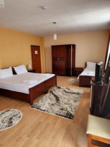ein Wohnzimmer mit 2 Betten und einem TV in der Unterkunft Guesthouse Bimbli in Pogradec