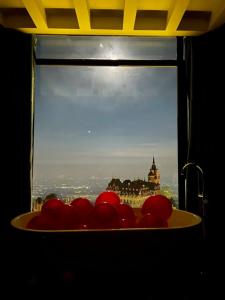 a plate of red fruit in front of a window at Wonderland Homestay - Venuestay in Vĩnh Phúc