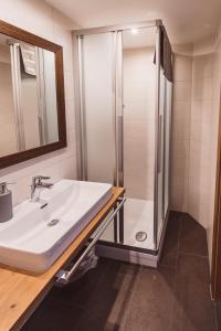 a bathroom with a sink and a shower at Riatschhof in Nauders