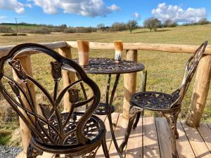 a table and chairs on a deck with a view of a field at The Prancing Moose in Ystrad Meurig