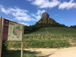 un panneau devant un vignoble avec une montagne dans l'établissement Maison 6/8pers en Bourgogne, à Mâcon