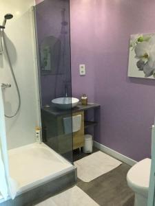 une salle de bains pourpre avec un lavabo et des toilettes. dans l'établissement Maison 6/8pers en Bourgogne, à Mâcon