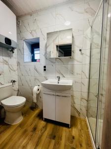 a white bathroom with a toilet and a sink at Aparts Care Beztroska in Sianozety