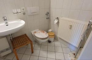 a small bathroom with a toilet and a sink at FeWo Sonnenblume Achtern Diek in Zingst