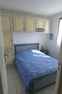 a bedroom with a bed with blue sheets and cabinets at Un petit coin de paradis en bord de mer in Vias