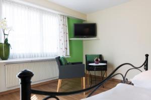 Habitación con cama, TV y silla. en Hotel Sternen, en Buochs