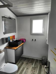 La salle de bains est pourvue d'un lavabo, de toilettes et d'une fenêtre. dans l'établissement La Casita: Studio cosy indépendant de 25 m², à Les Sables-dʼOlonne