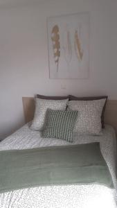 a bed with two pillows and a picture on the wall at Résidence calme, parking gratuit in Illzach