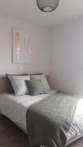 a white bedroom with a bed with gray sheets and pillows at Résidence calme, parking gratuit in Illzach