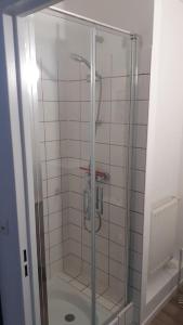 a shower with a glass door in a bathroom at Résidence calme, parking gratuit in Illzach