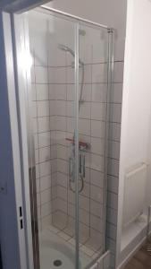 une douche avec une porte vitrée dans une salle de bain dans l'établissement Résidence calme, parking gratuit, à Illzach