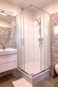 La salle de bains est pourvue d'une douche et d'un lavabo. dans l'établissement Dom Studencki Komenik, à Leszno