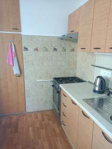 cocina con armarios de madera y horno con fogones en Oldie Apartment Šamorín, en Šamorín