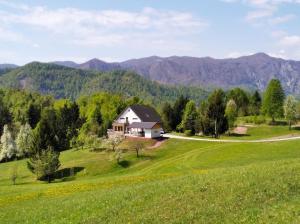 a house on a green hill with mountains in the background at Na Kupčku Estate "Nature Reatreat & Wellness" in Idrija