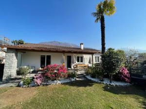 ein Haus mit einer Palme und Blumen im Hof in der Unterkunft Ascona Casa Cristina in Ascona