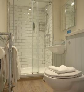 a bathroom with a toilet and a sink and a shower at Molesworth Arms in Wadebridge