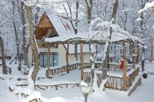 a cabin in the woods with snow on the trees at Qusar Olimpik Hotel and Cottages in Qusar