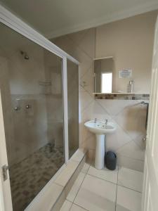 La salle de bains est pourvue d'une douche et d'un lavabo. dans l'établissement Amber Selfcatering, à Clarens