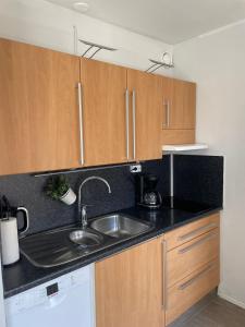 a kitchen with a sink and wooden cabinets at City Apartment Maaherrankatu, ilmainen kadunvarsipysäköinti in Kuopio