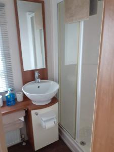 a bathroom with a white sink and a shower at 19 orchid Meadows in Newbiggin-by-the-Sea