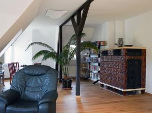 ein Wohnzimmer mit einem Ledersessel und einer Pflanze in der Unterkunft Apartment in Villa Rochlitz in Rochlitz