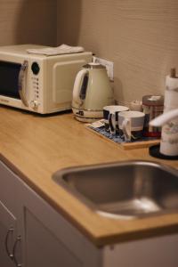 a kitchen counter with a sink and a microwave at Apartaments Nr. 33 ( Viesu Nr. 4) in Talsi