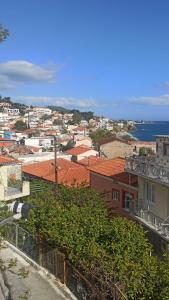 uitzicht op een stad met gebouwen en de oceaan bij Io the cosy home Plomari in Plomarion